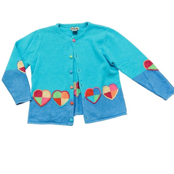 VTG Timberlea Women's XL Teal Cardigan Knitted Hearts Button Hearts Cottagecore - Picture 2 of 10
